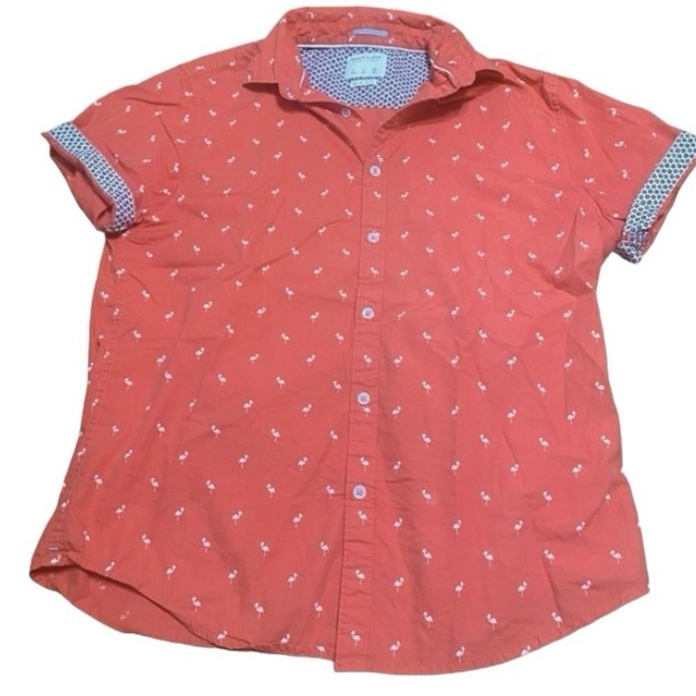 Denim & Flower Men’s Sz Lrg Salmon Short Sleeve Flamingo Button Down Shirt